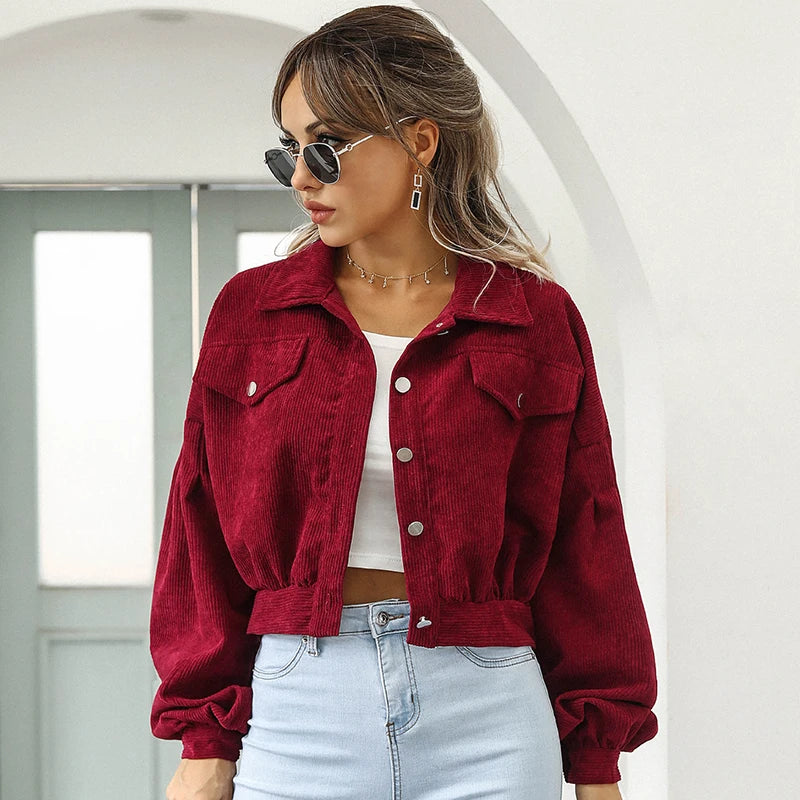 Cropped Corduroy Overcoat Single Breasted Lantern Sleeve Coats Jacket