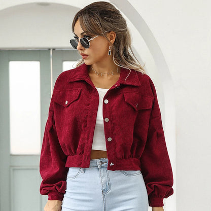 Cropped Corduroy Overcoat Single Breasted Lantern Sleeve Coats Jacket