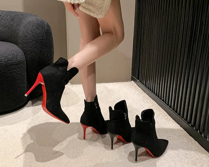 Red Heels Zip Warm Black Ankle Boots