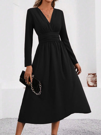 Elegant V-Neck Long Sleeve with Waist Shirring Bodycon Long Maxi Dress