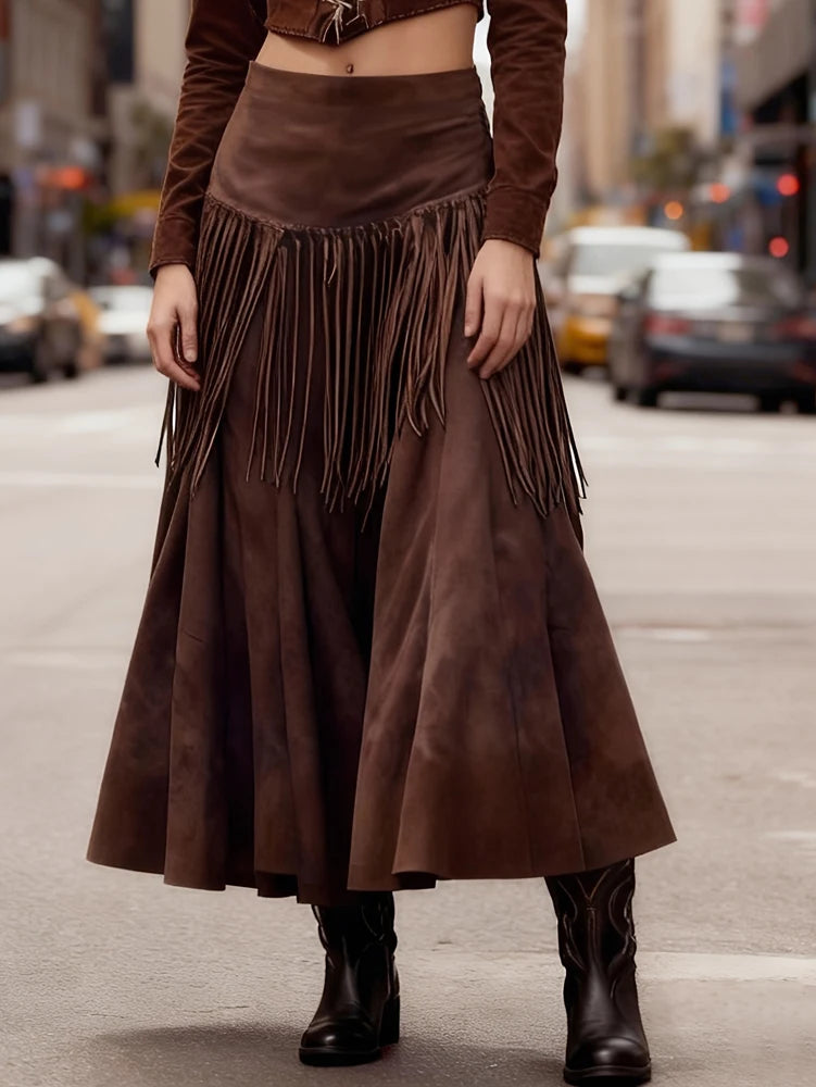 Ethnic Elegant Solid Tassel Slim Fit Midi Skirt