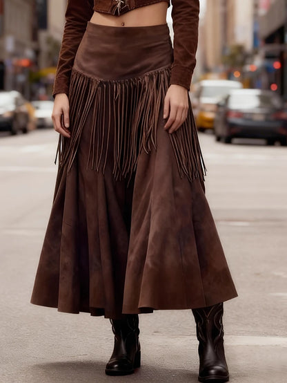 Ethnic Elegant Solid Tassel Slim Fit Midi Skirt
