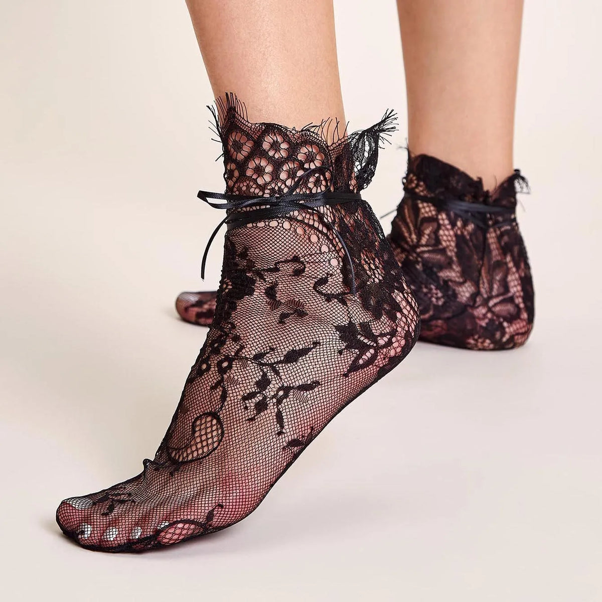 Black Hollow Transparent Lace Stockings Pure Cotton Japanese Fleece Socks