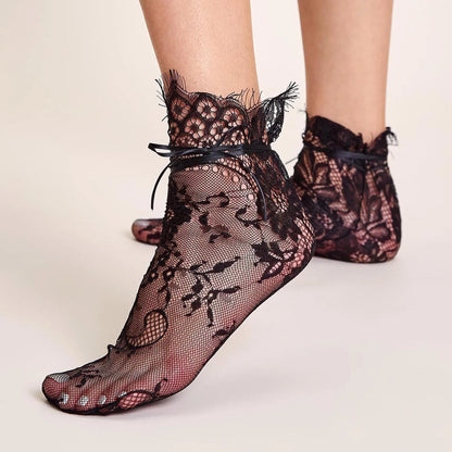 Black Hollow Transparent Lace Stockings Pure Cotton Japanese Fleece Socks