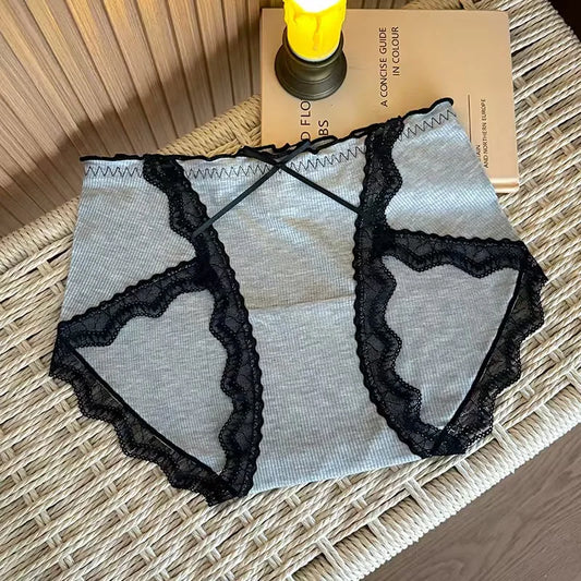 Lace Waist Boxer Panties Mixed Print Scalloped Edge Briefs Silky Fabric Underwear