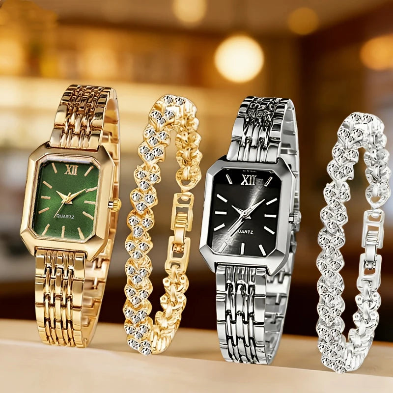 4PCS/Set Elegant Rectangle Quartz Wristwatch Heart Bracelets Set