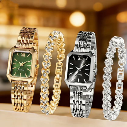 4PCS/Set Elegant Rectangle Quartz Wristwatch Heart Bracelets Set