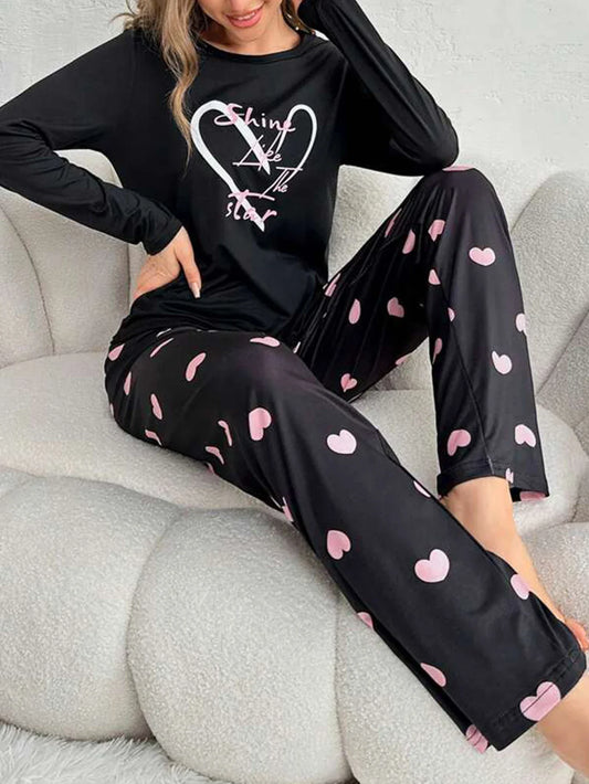 Heart & Slogan Print Long Sleeve Sleepwear Set