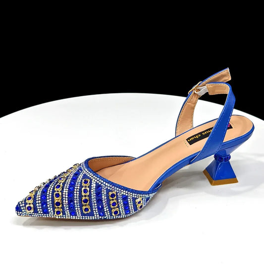 Italian Shoes and Bag Set Blue Low Heels With Rhinestone Set