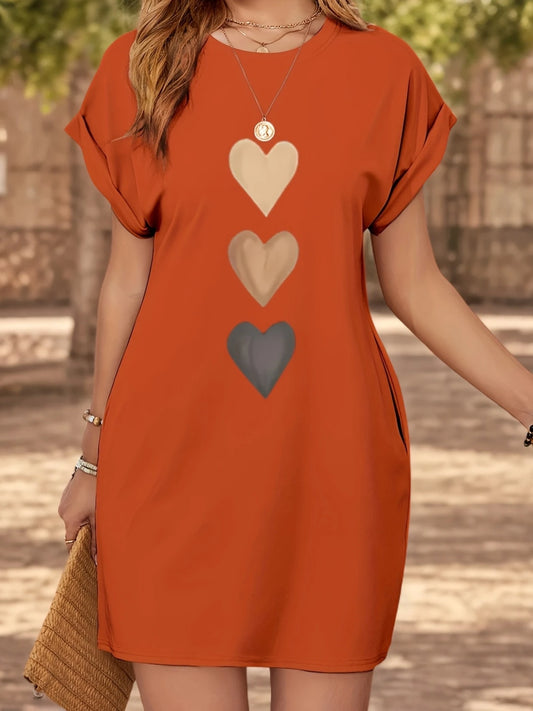 Casual Knit T-Shirt with Heart  Print Crew dress