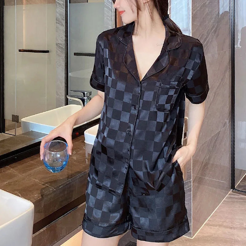 Jacquard Lattice Ice Silk Short-Sleeved Shorts Suit Sleepwear