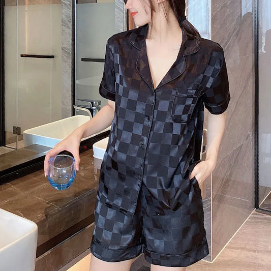 Jacquard Lattice Ice Silk Short-Sleeved Shorts Suit Sleepwear
