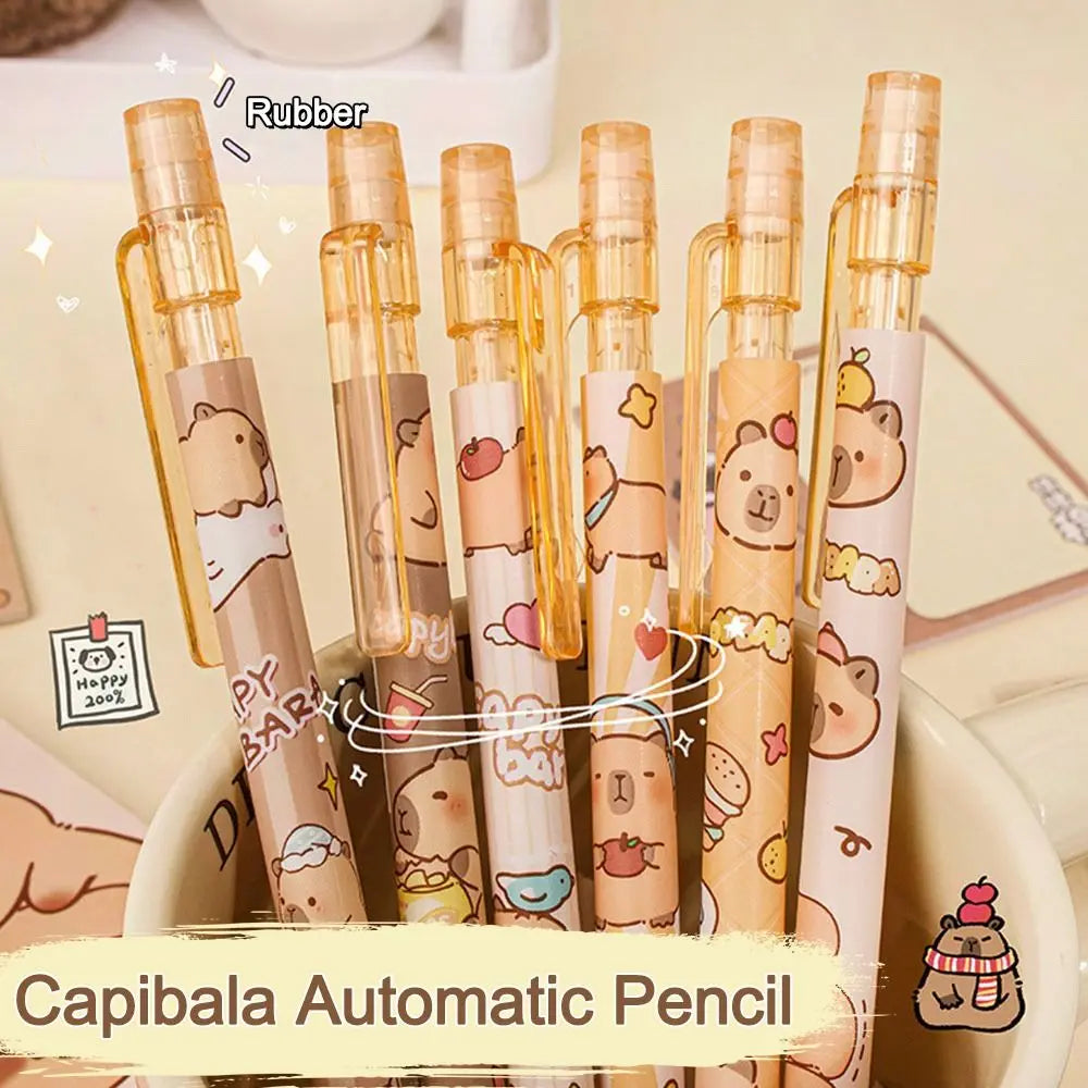 6pcs 0.5mm Capybara Mechanical Pencil Press with Eraser Propelling