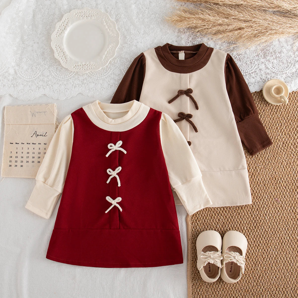 Girls First Birthday Banquet Costume Bow Element Soft Knit Long Sleeved Red Dress
