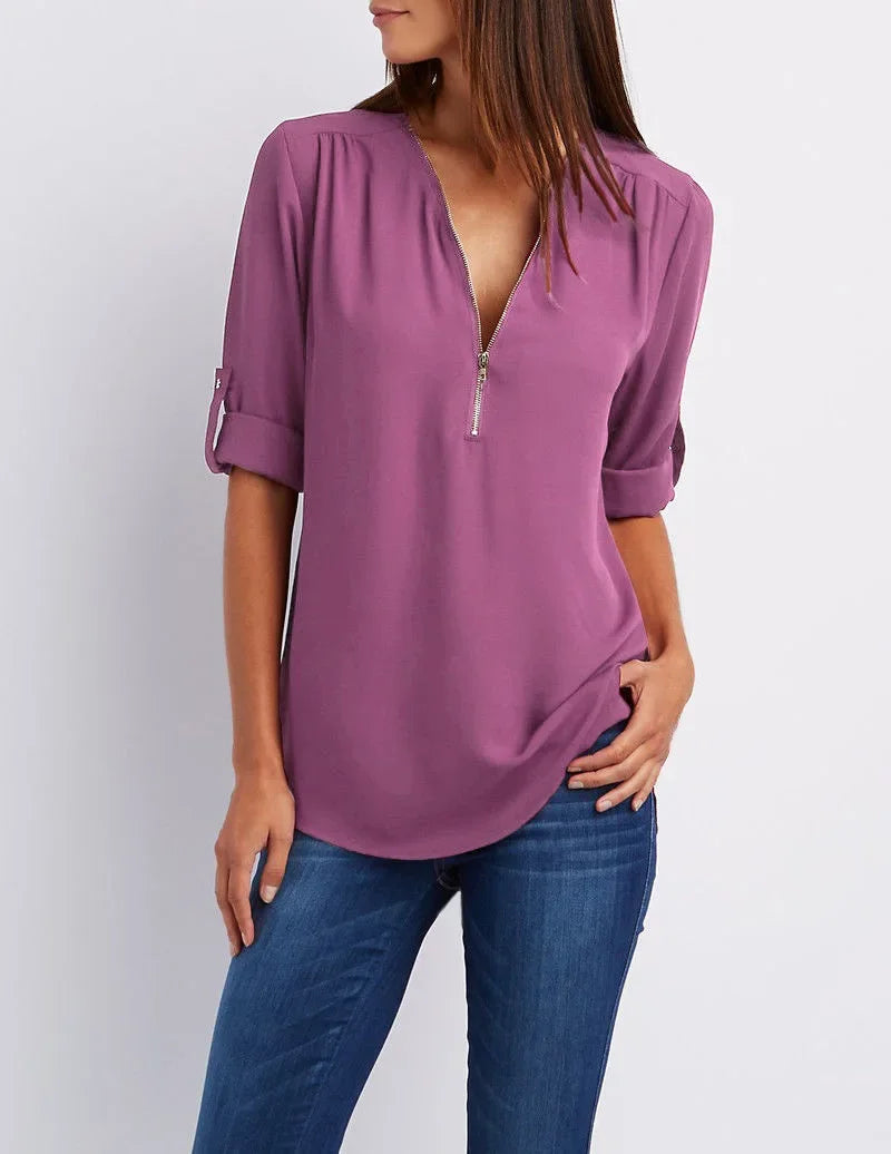 Loose Shirt Deep V Neck Chiffon Blouse