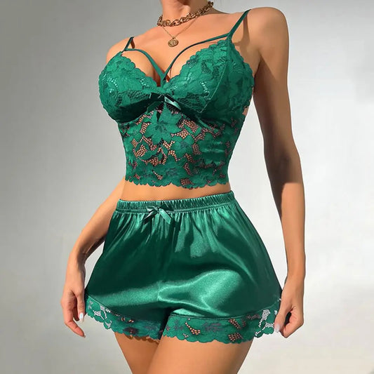 Hollow Out Lace Sleeveless Satin Sleepwear