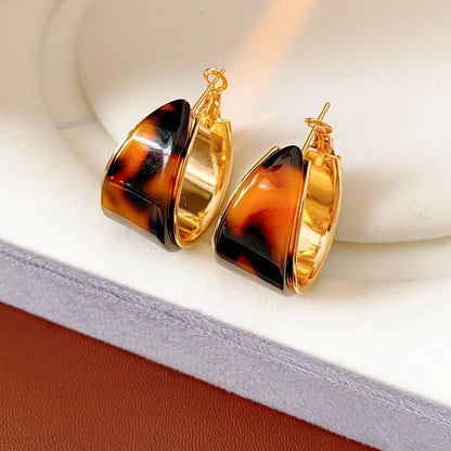 Gold Plated Resin Round Ear Buttons Geometric Leopard Hoop Earrings