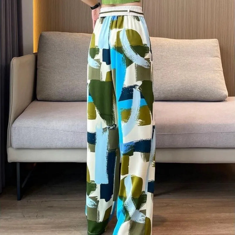 Colorful Graffiti Print Wide Leg Elastic Waist Drawstring Loose Pants