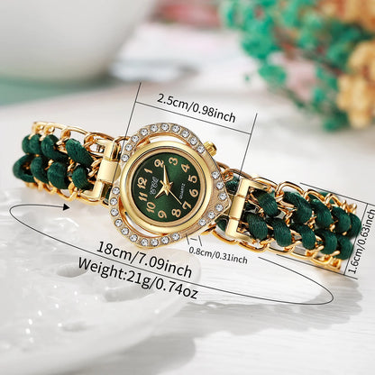 Luxury Rhinestone Heart Dial Woven Strap Quartz Wristwatch