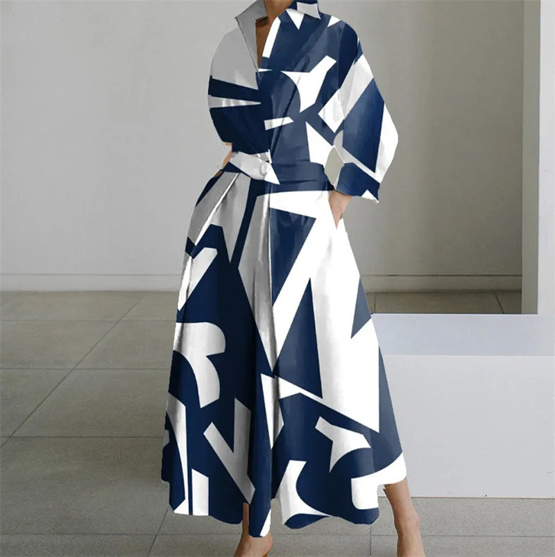 Plus Size Lapel Oil Painting Button Shirt Dress