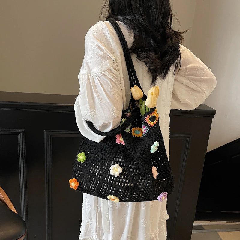 Flower Beach Tote Colorful Beads Floral Trim Natural Straw Crochet Shoulder Bag