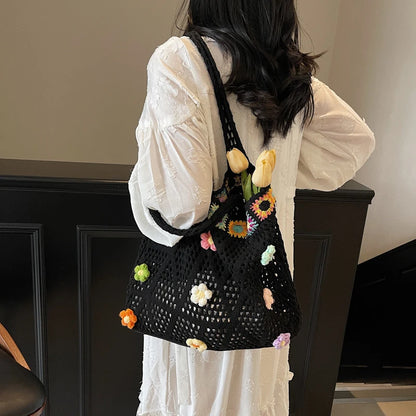 Flower Beach Tote Colorful Beads Floral Trim Natural Straw Crochet Shoulder Bag