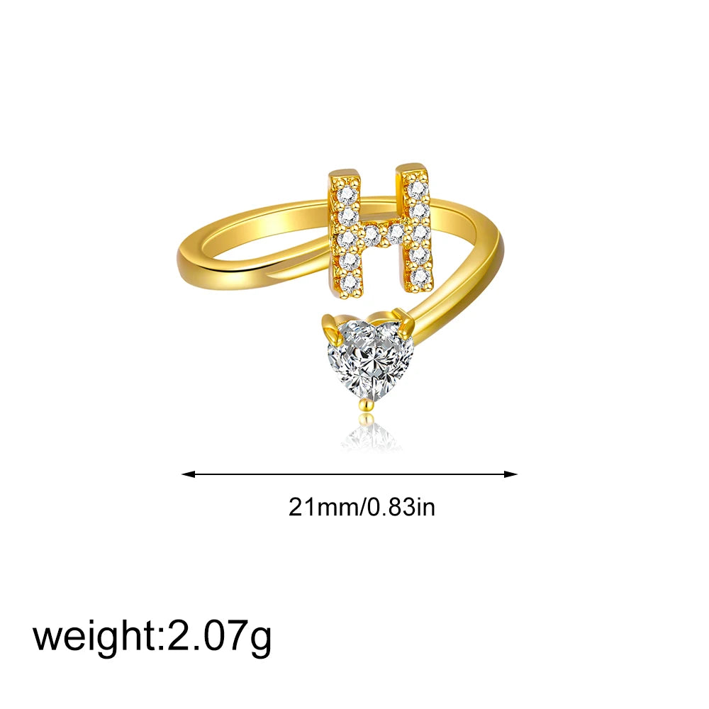 Gold Letter Open Heart Shape Cubic Zirconia  A-Z 26 Letter  Lnitials Rings