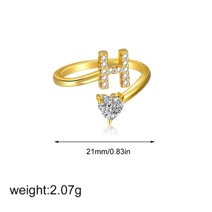 Gold Letter Open Heart Shape Cubic Zirconia  A-Z 26 Letter  Lnitials Rings