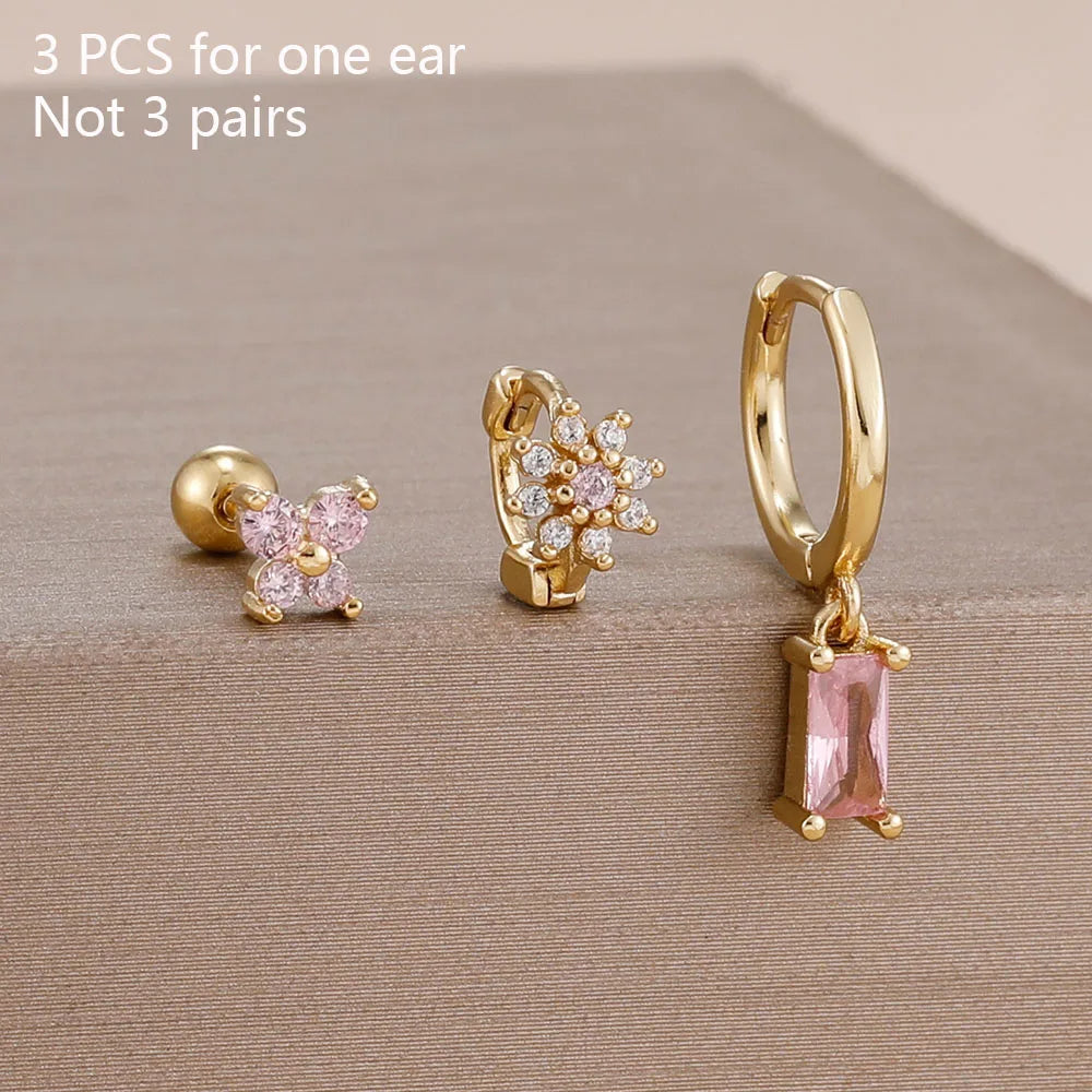 14K Gold Plated Zircon Square Hoop Stainless Steel Butterfly Stud Earring Set
