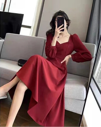 Long Puff Sleeve Solid Elegant Dress