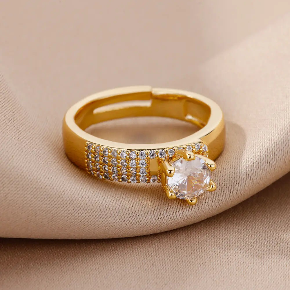 Stainless Steel Round Zircon Geometric Gold Crystal Ring