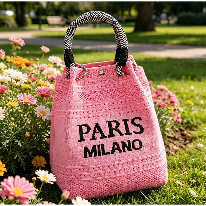 Letter Print Hollow Knit Bucket Lightweight Woven Handbag Small Tote Bag