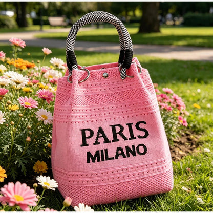Letter Print Hollow Knit Bucket Lightweight Woven Handbag Small Tote Bag