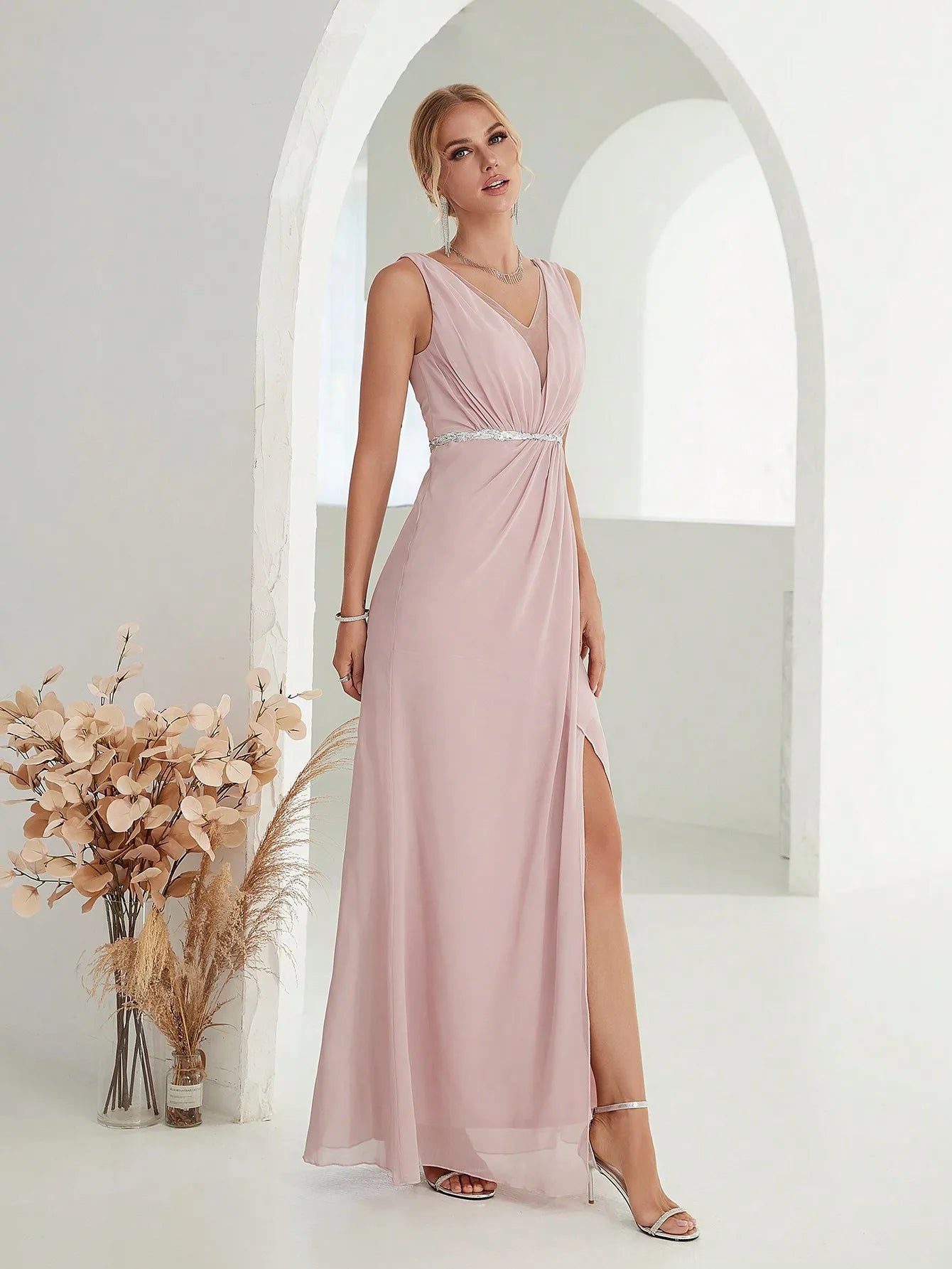 Mgiacy Shoulder silver sequin belt pleated chiffon slit skirt Dress