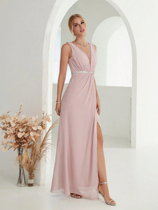 Mgiacy Shoulder silver sequin belt pleated chiffon slit skirt Dress