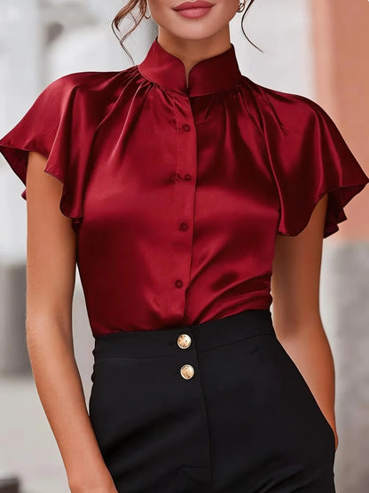 Short Sleeve Satin Blouse Stand Collar Ruffle Shirt