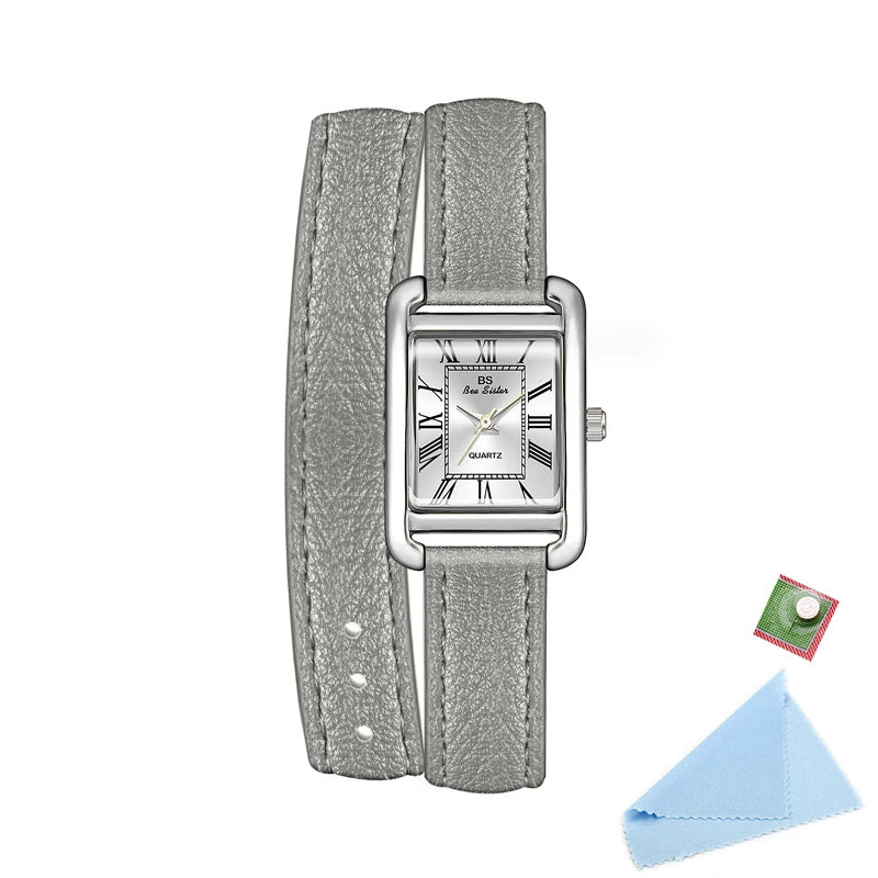 ساعة مربعة من الجلد باللون الوردي الذهبي العتيق