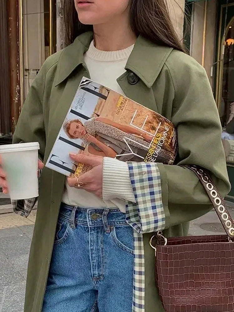 Plaid Lining Solid Trench Coat Single Breasted Long Sleeve Jacket
