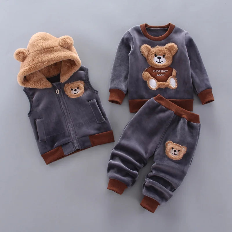 Winter Autumn Cotton Thick Warm Hooded Cartoon Cute Bear 0-4Y Set