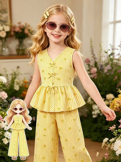 Yellow Vertical Stripe Bow Print V Neck Sleeveless Peplum Set