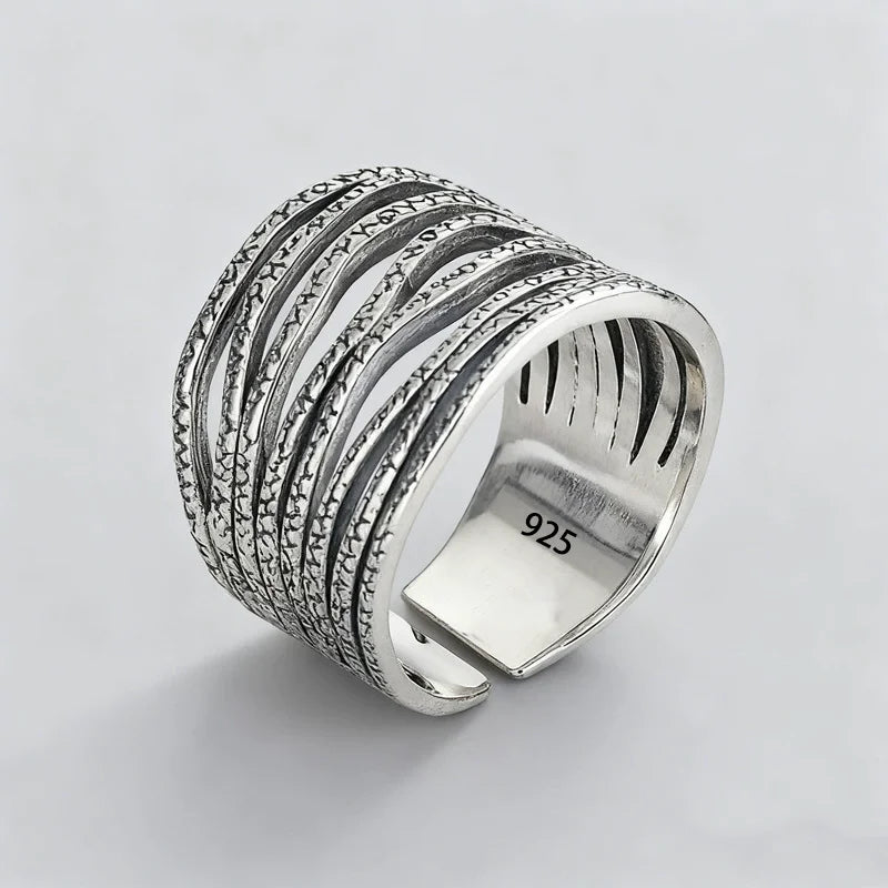 925 Sterling Silver Retro Hollow Wave Punk Hiphop Bohemia Rings
