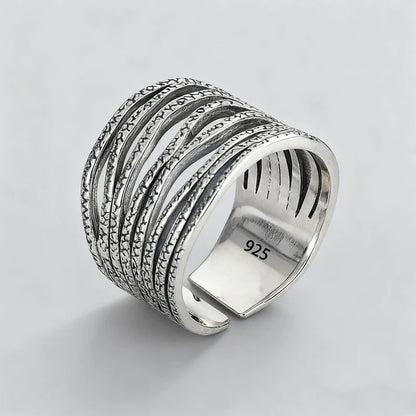 925 Sterling Silver Retro Hollow Wave Punk Hiphop Bohemia Rings