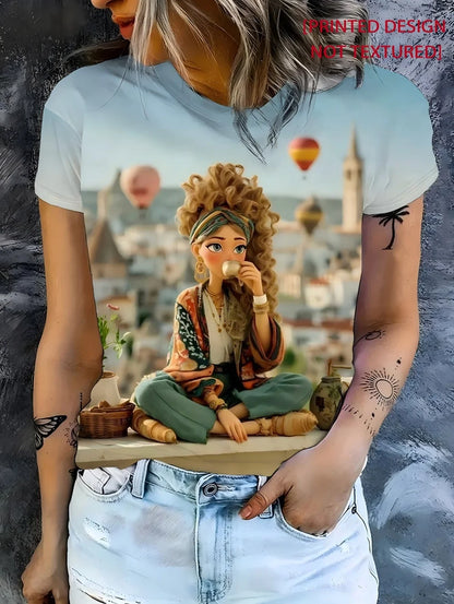 تي شيرت بناتي لطيف عليه رسمة مضحكة بأكمام قصيرة وفضفاضة