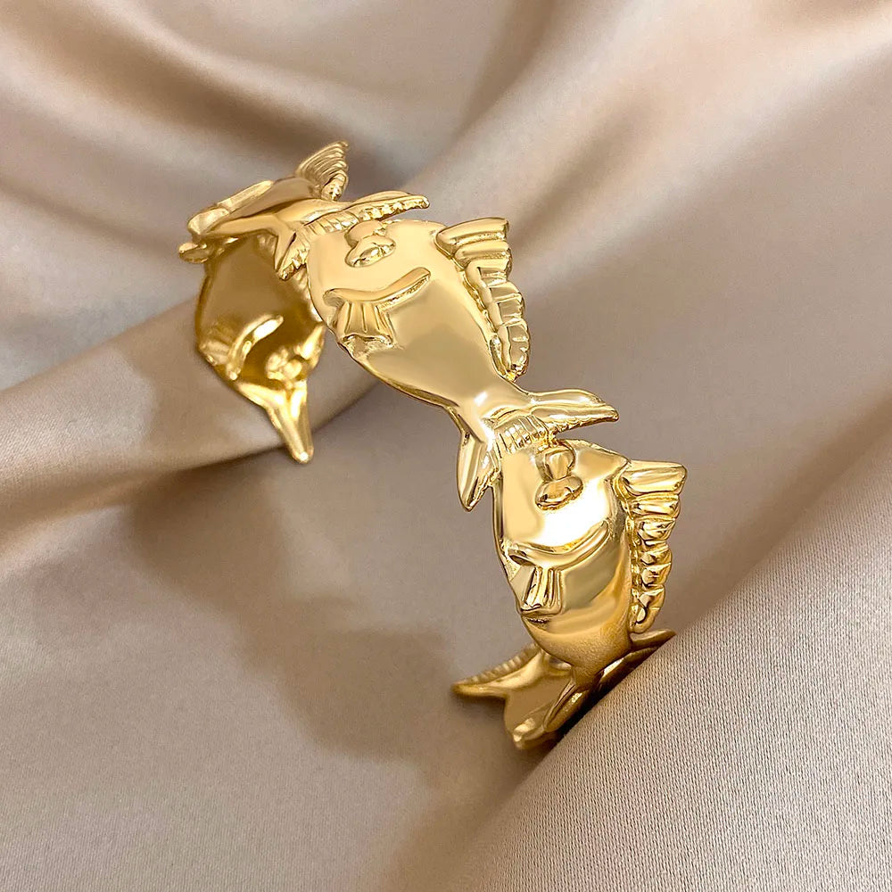 Gold Stainless Steel Open Exaggerated Fish Conch Shell Chunky Bangle Bracelets