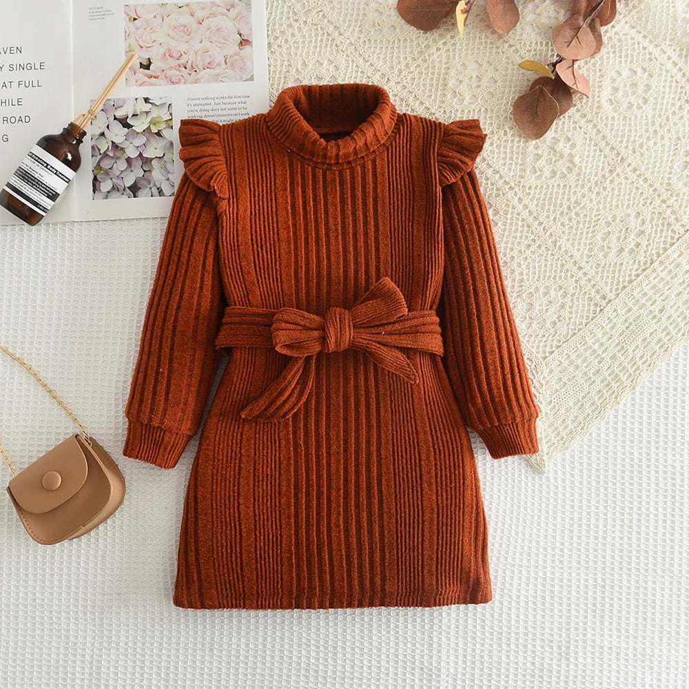 Woolen Autumn Winter High Neck Flying Sleeve Lace up Long Sleeve Dress