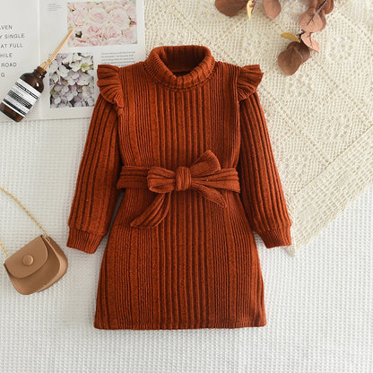 Woolen Autumn Winter High Neck Flying Sleeve Lace up Long Sleeve Dress