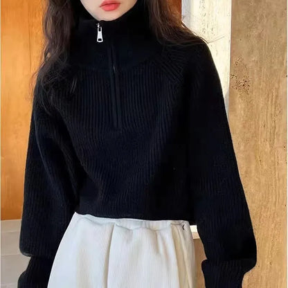 Half Zipper Collar Soft Knitted Long Sleeve Short Jumper Korean Sweater Pullovers