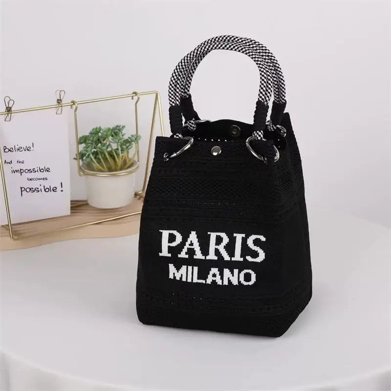 Letter Print Hollow Knit Bucket Lightweight Woven Handbag Small Tote Bag