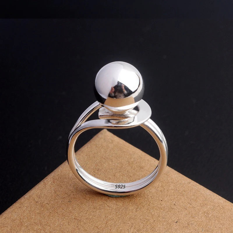 Sam Panda 925 Sterling Silver Simple Vintage Big Ball Ring