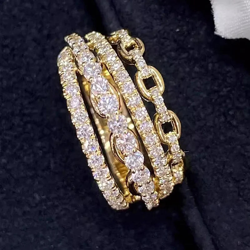 Huitan Multi-layers Gold Color Inlaid Shiny CZ Rings